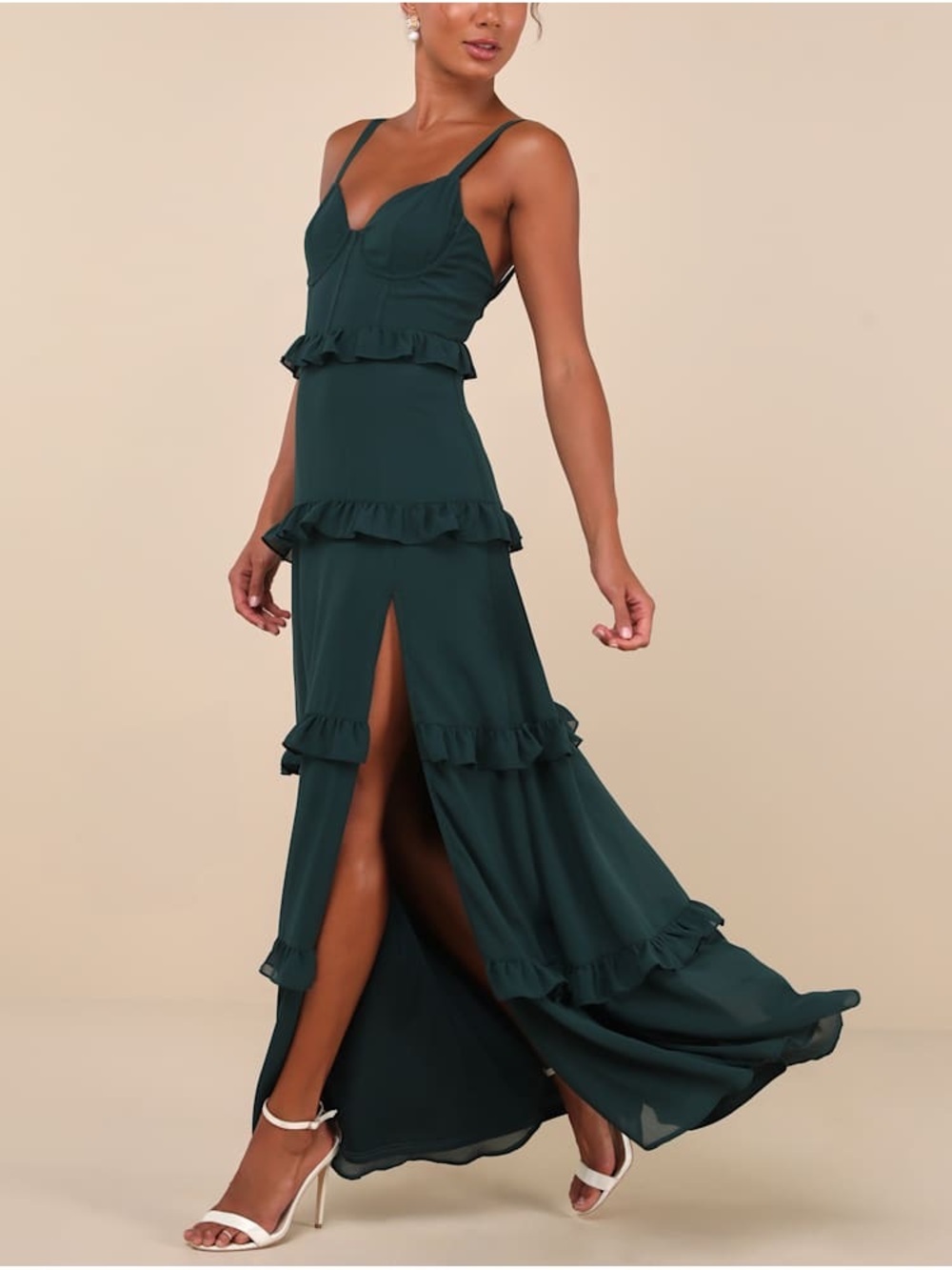 NWOT Lulus Sincerely Poised Emerald Backless Bustier Tiered Maxi Dress